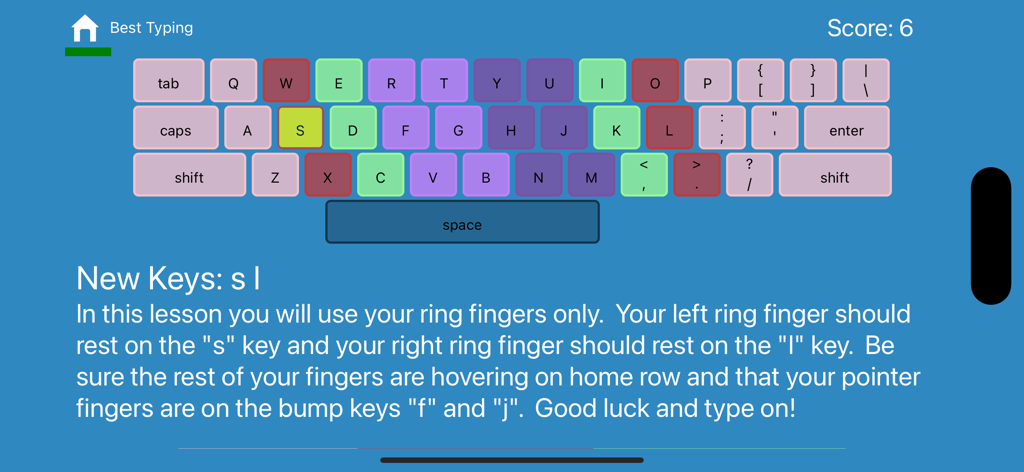 Interface of a typing lesson showing a color-coded keyboard and instructions for using ring fingers to type s and l