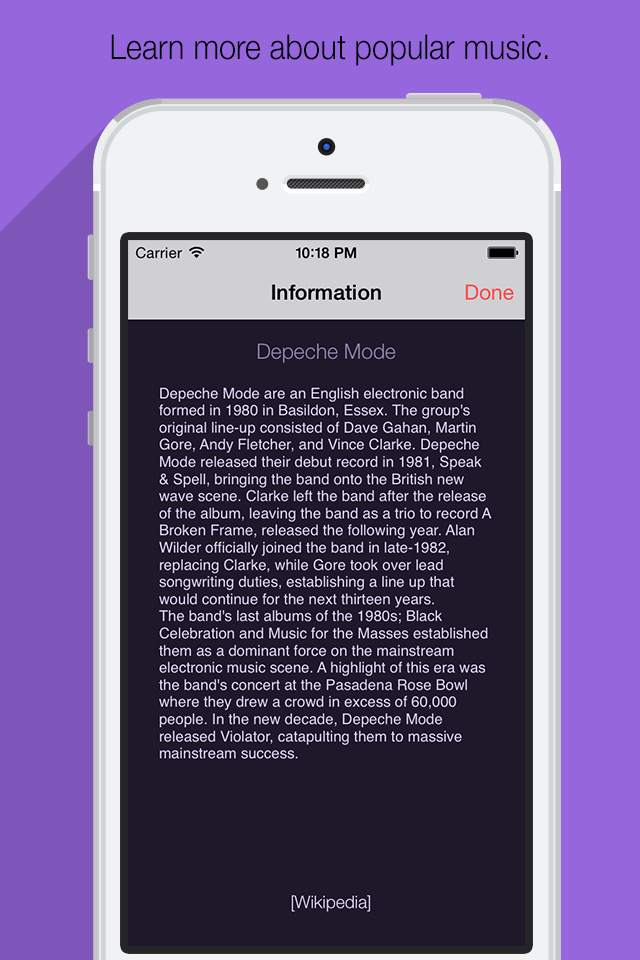 My Music - Your list of favorite artists, and bands. - Una pantalla móvil que muestra una biografía de la banda Depeche Mode con un enlace a Wikipedia.