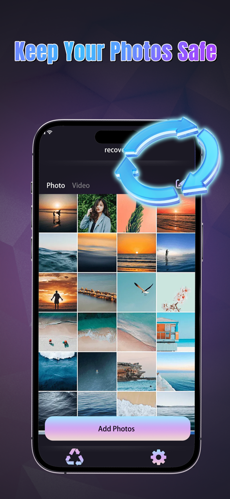 Backup Photos - Gallery Vault - Smartphone display showing the Backup Photos Gallery Vault app with a photo grid and security features