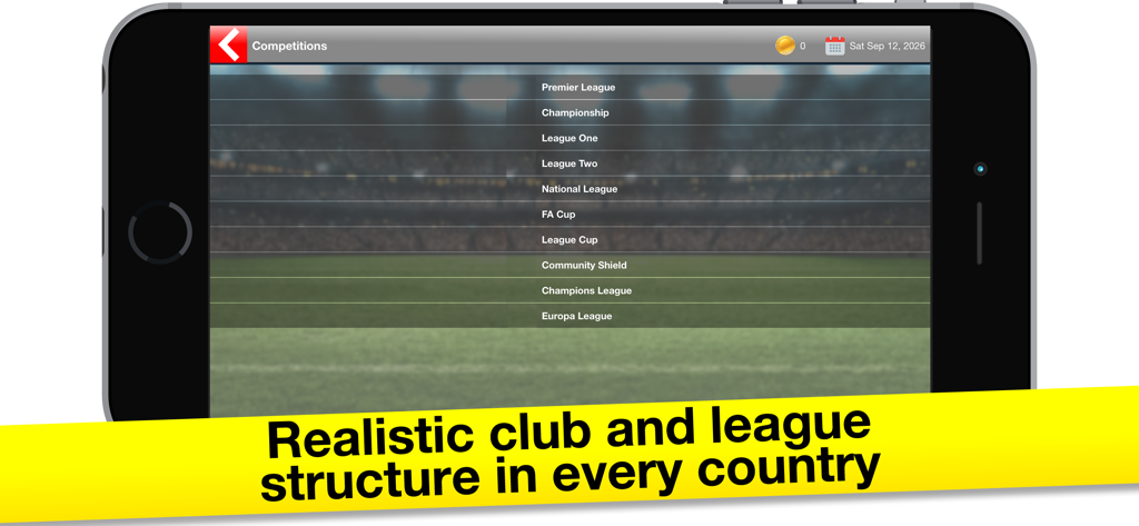 Soccer Boss: Football Game - Captura de pantalla del juego Soccer Boss que muestra la estructura realista de ligas y competiciones de fútbol, incluida la Premier League y la Champions League.