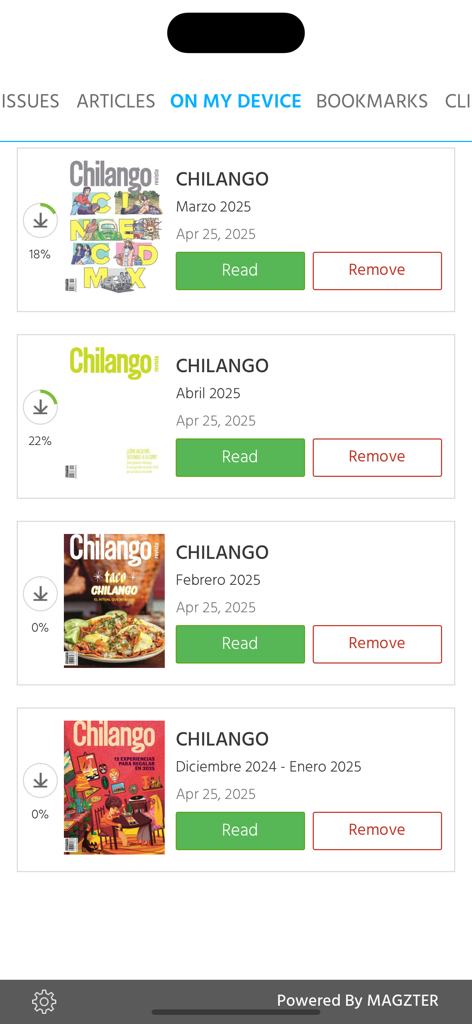 Chilango - Interfaz de la aplicación Chilango mostrando una lista de números de revistas descargadas en la sección "En Mi Dispositivo".