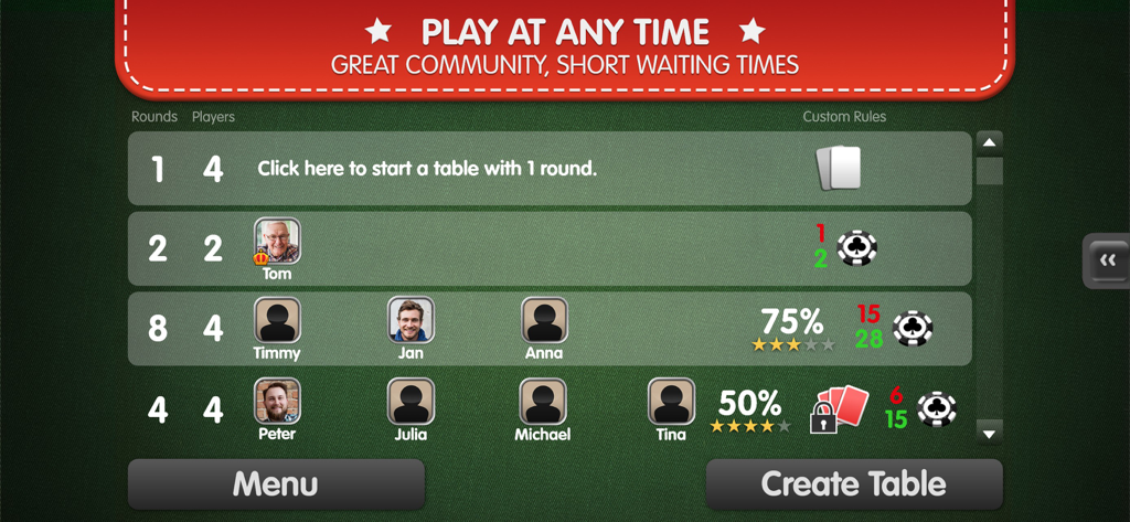 Canasta Palace - A table selection screen in the Canasta Palace app showing active players and available games.