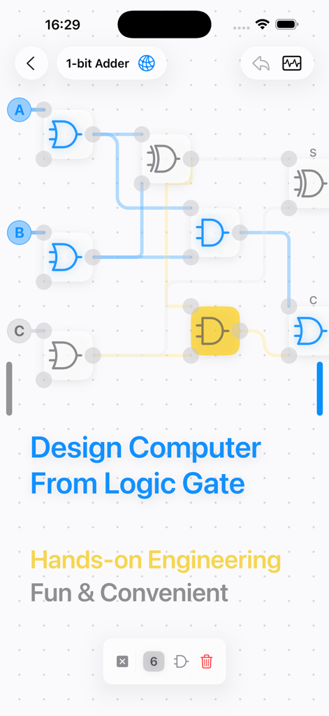 LogicalArt - Logic Gate Sim - Interface of the LogicalArt app showing a logic gate circuit design for a 1-bit adder.