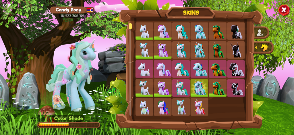 Pony World Craft - In-game skins menu in Pony World Craft showing various colorful pony and unicorn customization options