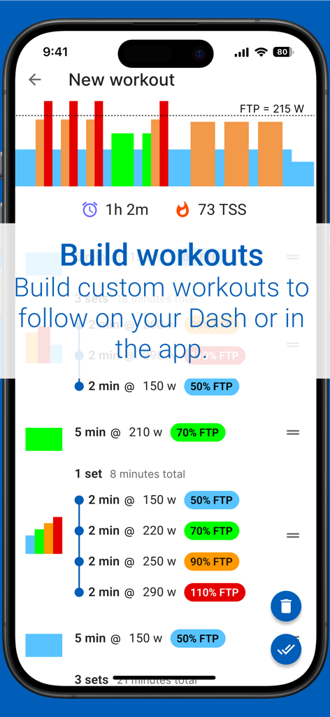 Stages Cycling - Interfaz de la aplicación móvil para crear entrenamientos de ciclismo personalizados basados en métricas de potencia y FTP