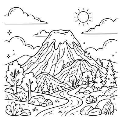 Embark on an exciting journey to a majestic dormant volcano with this engaging coloring page designed especially for kids. Discover a world of nature with trees, rocks, and a winding path, ready for your creative touch.