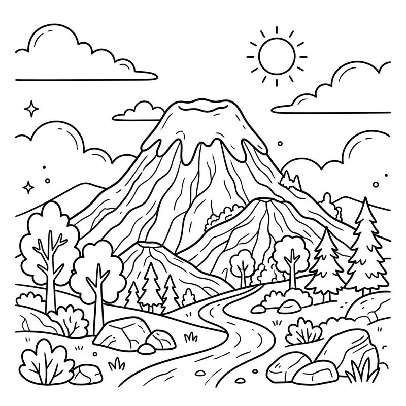 Embark on an exciting journey to a majestic dormant volcano with this engaging coloring page designed especially for kids. Discover a world of nature with trees, rocks, and a winding path, ready for your creative touch.