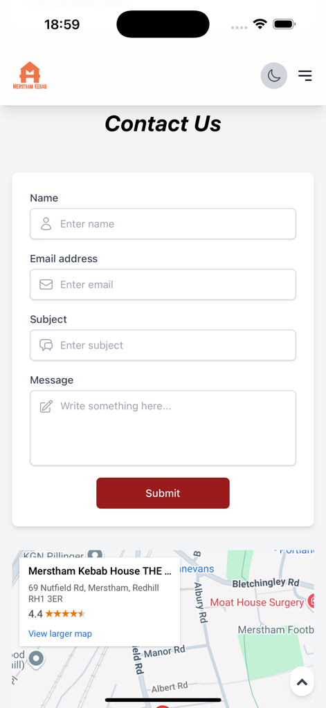 Merstham Kebab House - Contact Us page of the Merstham Kebab House mobile app featuring a contact form and a restaurant location map
