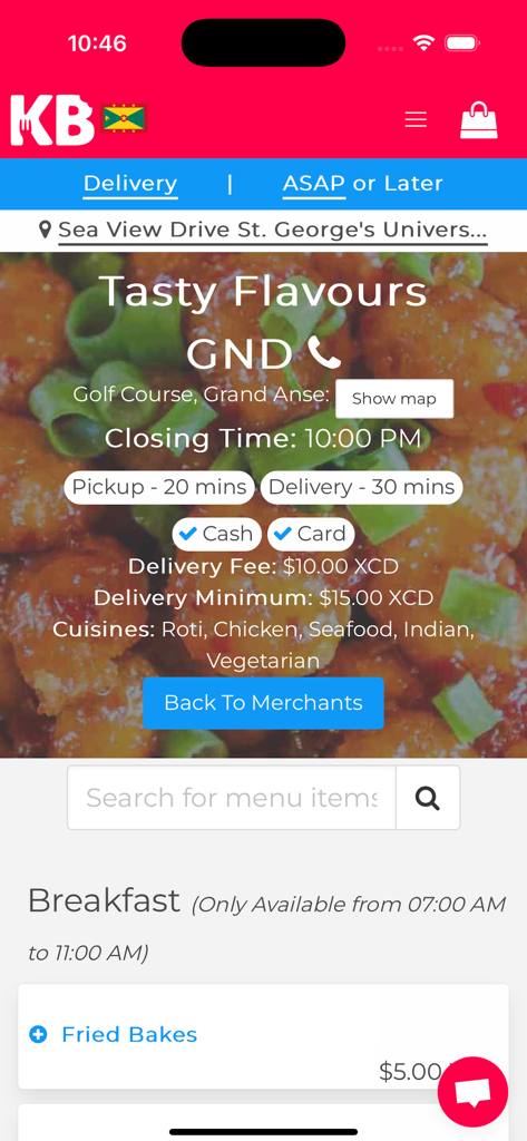 KariBites - KariBites mobile app showing Tasty Flavours restaurant menu in Grenada