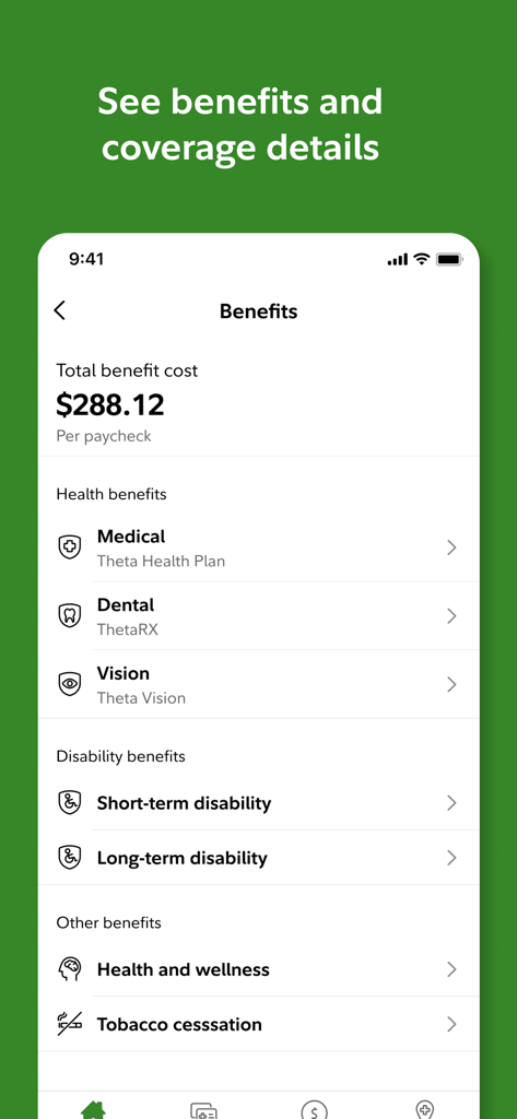 Fidelity Health® - 医療、歯科、視力、障害給付の費用を表示するFidelity Healthアプリのモバイル画面