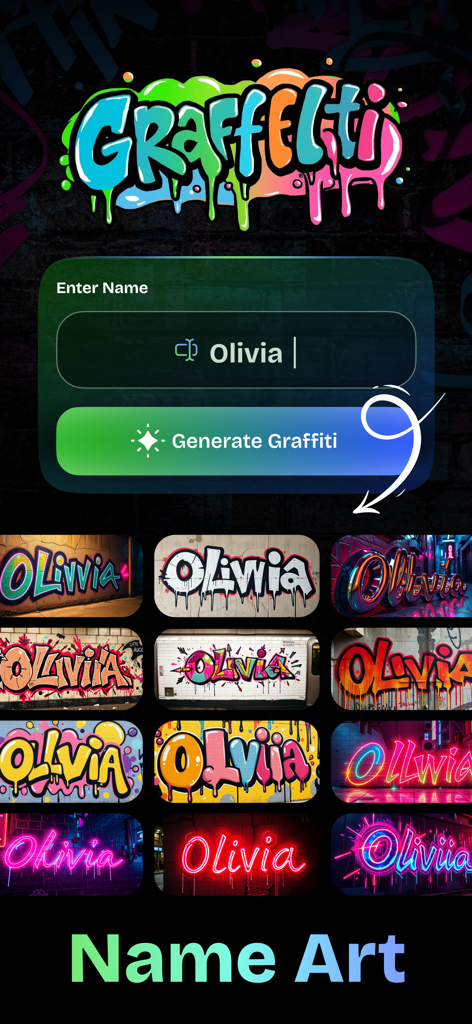 Graffiti AI: Graffiti Text Art - Interfaz de la aplicación Graffiti AI mostrando la generación de arte de nombres para Olivia con varios estilos de arte callejero