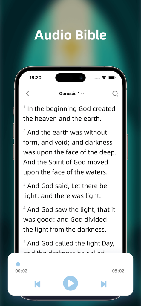 Grace: Bible Chat - Interfaz de la aplicación Grace Bible Chat que muestra la función de la Biblia en audio con texto de Génesis y controles de reproducción