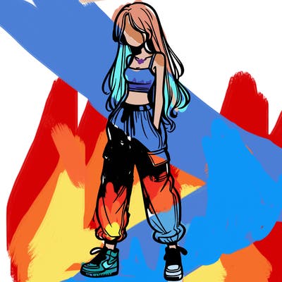 girl in baggy pants crop top and long hair