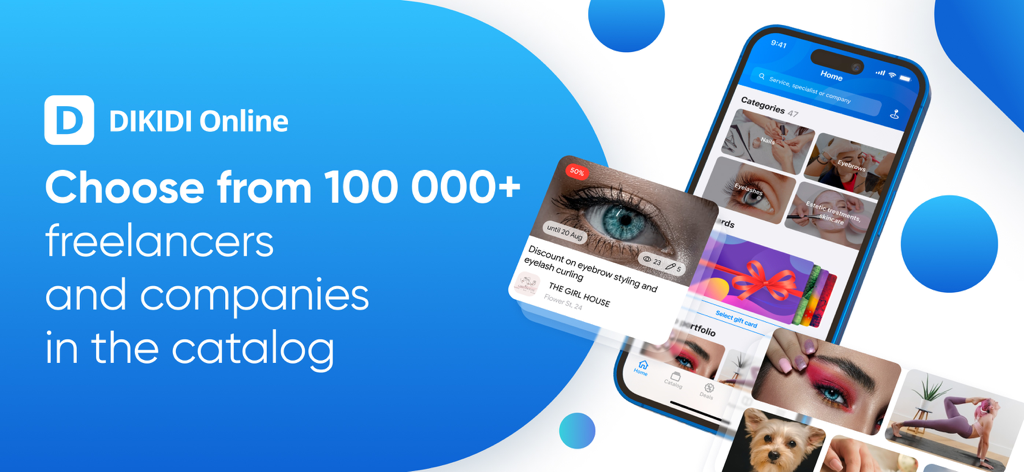 DIKIDI Online app interface showing a catalog of beauty services and freelancers