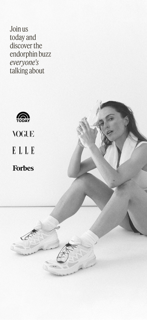 Megan Roup sitting in fitness gear with logos for Vogue Elle and Forbes