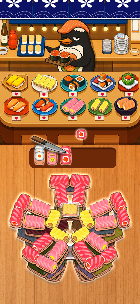 A cute penguin chef serving sushi in a colorful sorting puzzle game.
