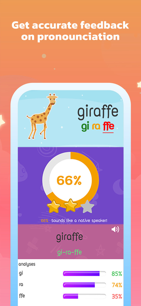 Galaxy Kids - Learning English - Galaxy Kids App Speech Lab zeigt KI-Feedback zur Aussprache des Wortes Giraffe