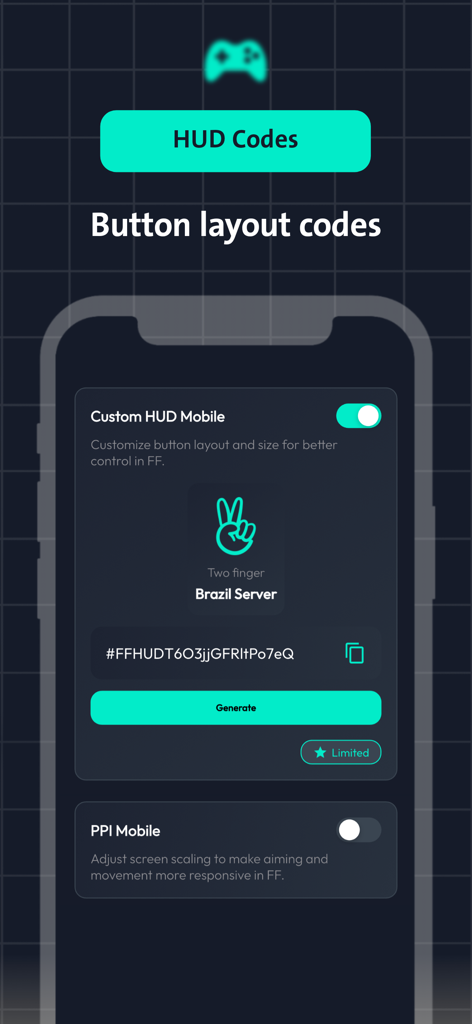 FFH Quatro - FFH Quatro app screen displaying custom HUD button layout codes for mobile gaming