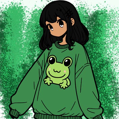 girl wearing frogging sweatshirt