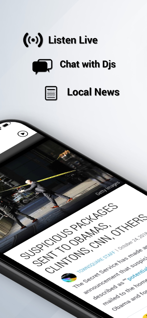 NewsTalk 1290 (KWFS-AM) - Interfaz de la aplicación móvil de NewsTalk 1290 mostrando secciones de radio en vivo y noticias locales.