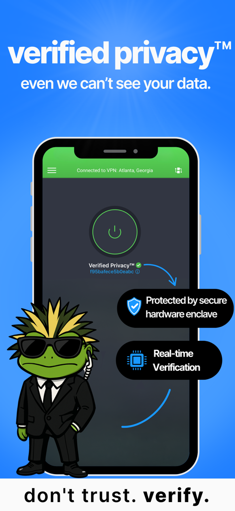 Interfaz de la aplicación móvil VP.NET VPN que muestra el estado de privacidad verificado con protección de entorno seguro de hardware y una mascota agente.
