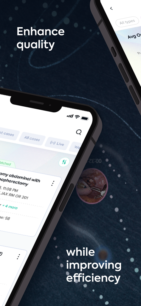 Theator Surgical Intelligence - Theator Surgical Intelligence app interface on smartphones highlighting quality enhancement and efficiency improvement for surgeons.