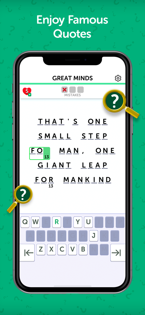 Cryptowords game interface showing a cryptogram puzzle for a famous quote about mankind