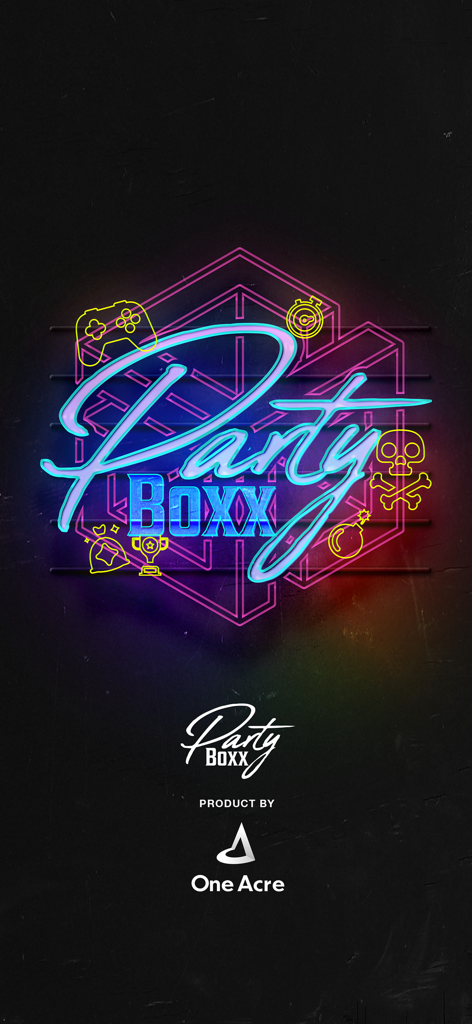 Pantalla de título de neón de la aplicación Party Boxx con iconos de juegos y el logotipo del desarrollador
