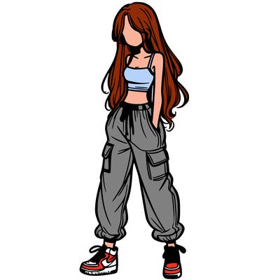 girl in baggy pants crop top and long hair