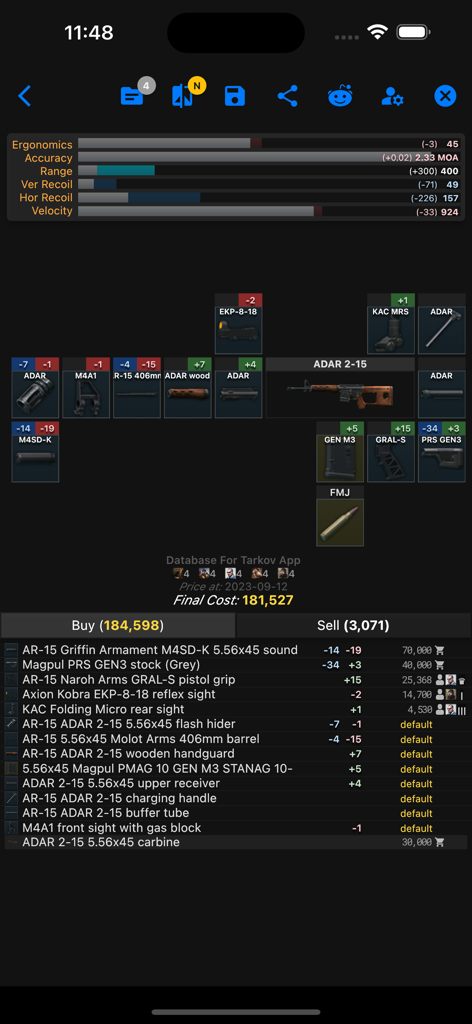 Database for Tarkov - A weapon modding and price calculator interface for an ADAR carbine within the Database for Tarkov mobile app.
