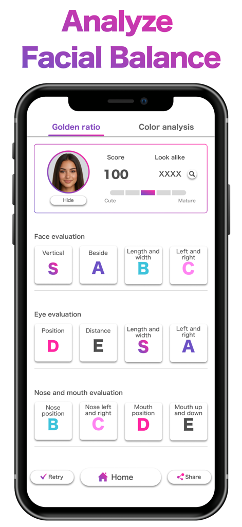 Face Balance Score : FaceScore - FaceScoreアプリが黄金比の結果と顔のバランス評価スコアを表示している様子