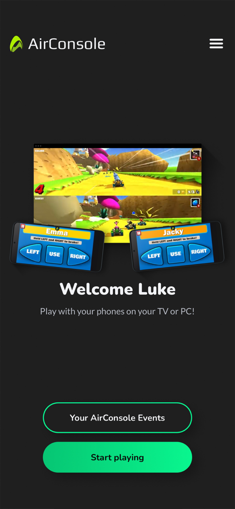 AirConsole welcome screen displaying smartphones as controllers for a multiplayer racing game on a TV or PC