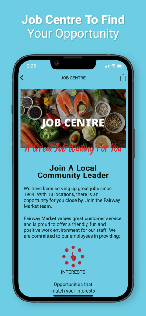 A tela do Centro de Empregos do aplicativo móvel Fairway Market mostrando oportunidades de emprego local e informações de carreira comunitária.