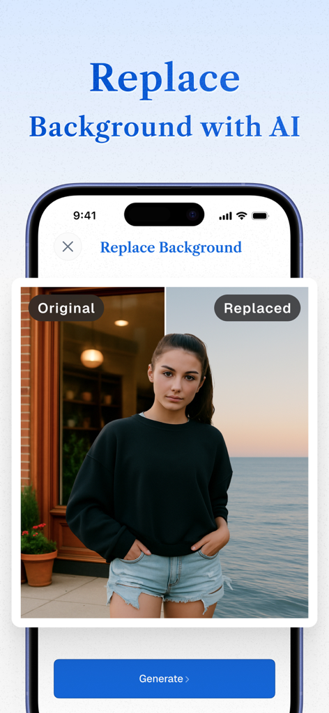 True Cleaner - Cleanup Storage - Interface de l'application True Cleaner montrant une fonction IA qui remplace l'arrière-plan d'une photo d'un décor intérieur par une vue sur la mer