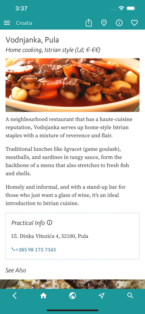 Croatia’s Best: Travel Guide - 풀라의 Vodnjanka 레스토랑에 대한 크로아티아 최고의 앱의 리뷰. 전통 이스트리아 스튜 사진 포함.