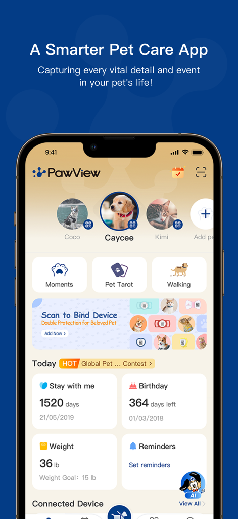 The main dashboard of the PawView pet care app featuring pet profiles and health tracking statistics