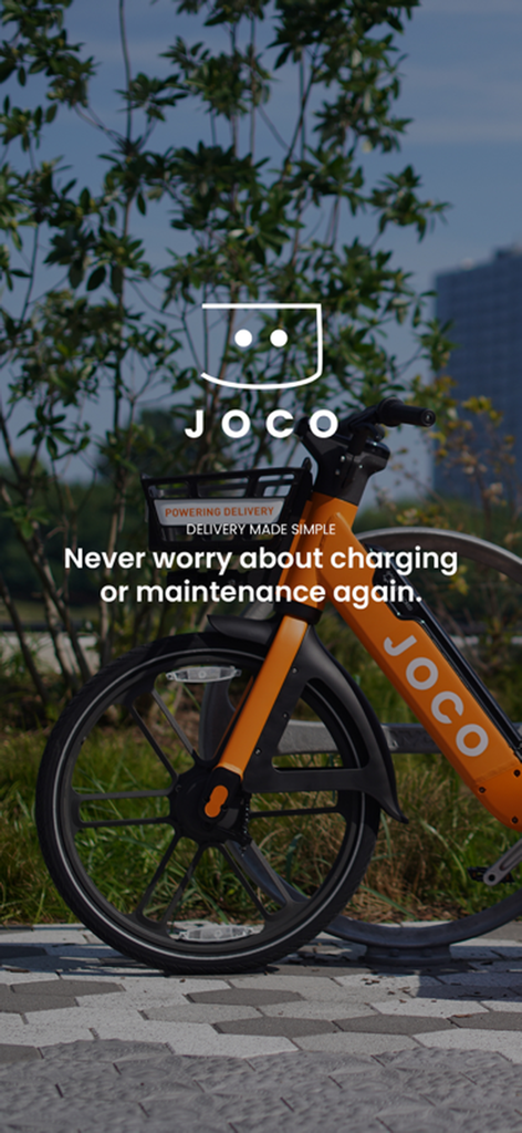 Orange JOCO e-bike for delivery service with branding and slogan