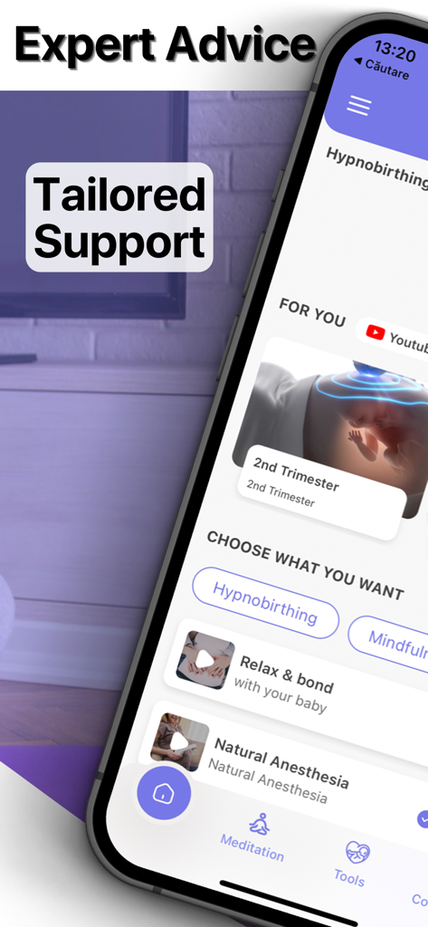 Zen Pregnancy App-Oberfläche mit Experten-Hypnobirthing-Ratschlägen und maßgeschneiderter Unterstützung für das zweite Trimester.