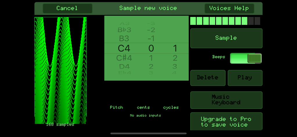 Peter Vogel CMI app sampling screen with vintage green phosphor graphics and waveform display