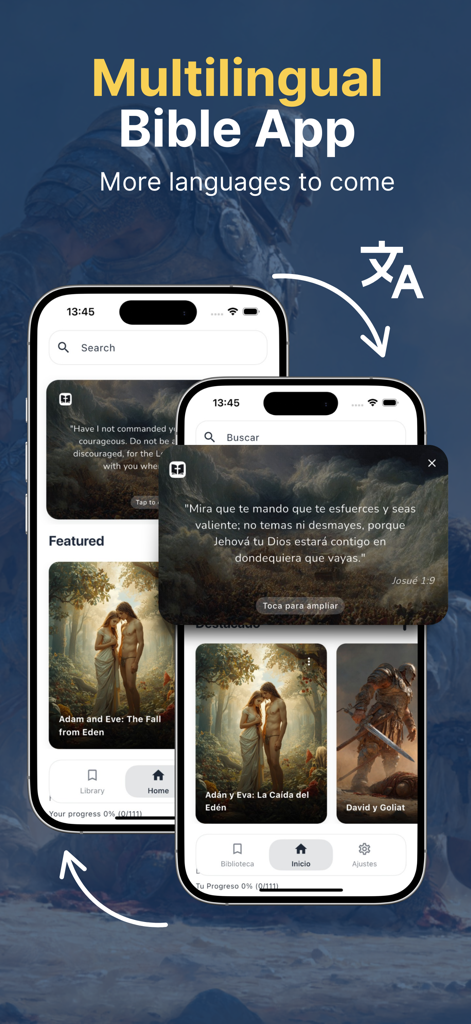 Audio Bible Stories & Chat - The BibleNow app interface showcasing multilingual support with stories in English and Spanish