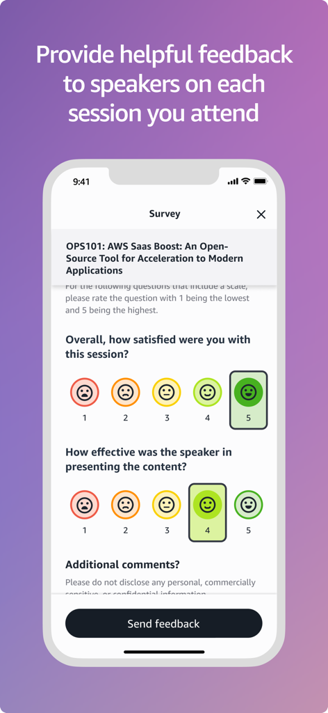 AWS Events - AWS Events app survey screen for session feedback with emoji rating scales