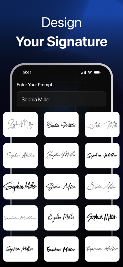 AI Logo Maker - MeLogo - Interface of the AI Signature Creator feature in MeLogo app showing multiple signature style options for a professional personal brand.
