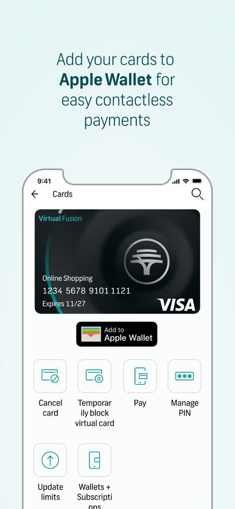 FNB Banking App - FNB Banking App interface for managing virtual cards and adding them to Apple Wallet for contactless payments.