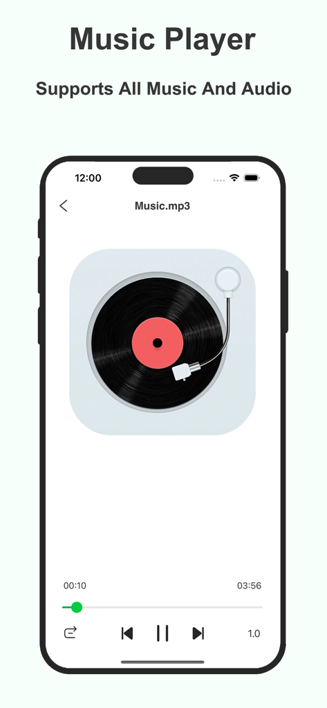 Music player interface of the Galaxy Player app showing playback controls and a vinyl record icon