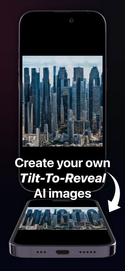 Pantalla de iPhone que muestra un paisaje urbano con una inclinación para revelar un efecto de magia de texto oculto.