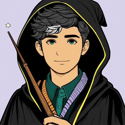 realistic boy wizard teen wearing cloak full body with a wand