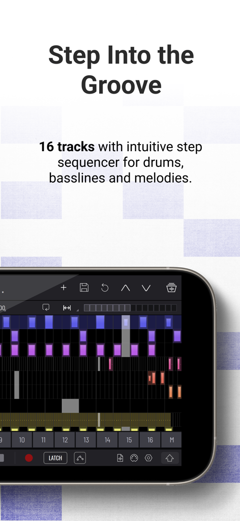 BAM - Beat Maker & Music Maker - BAM music app interface showing a 16 track step sequencer for creating beats and melodies on a smartphone.