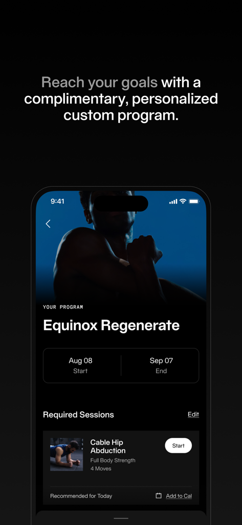 Equinox+ - Equinox Plus mobile app interface showcasing a personalized fitness program with scheduled workout sessions.
