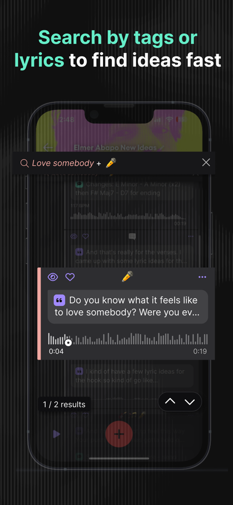 Dubnote: Where Songs Start - Interfaccia dell'app Dubnote che mostra i risultati di ricerca per idee musicali utilizzando testi e tag
