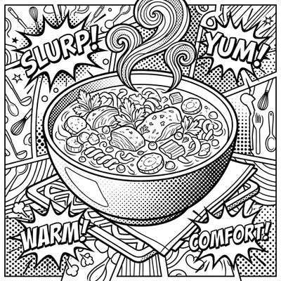 Immerse yourself in a warm, comforting bowl of chicken soup, brought to life with the bold and dynamic flair of Pop Art. This unique coloring page invites you to add vibrant hues to every ingredient and expressive detail.